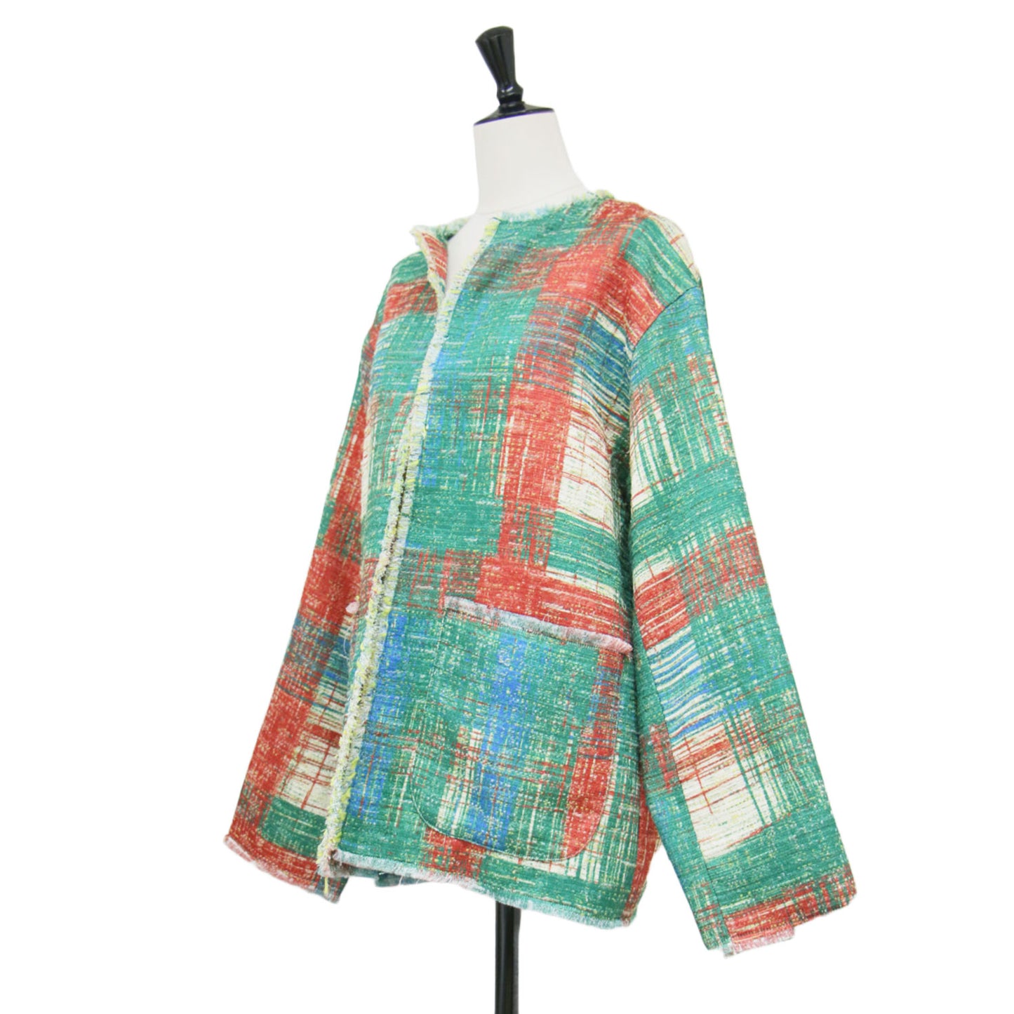 24春夏 レディライク プリント ツイード ジャケット / LADY LIKE PRINT TWEEDS JACKET ノーカラー 長袖 フリンジ