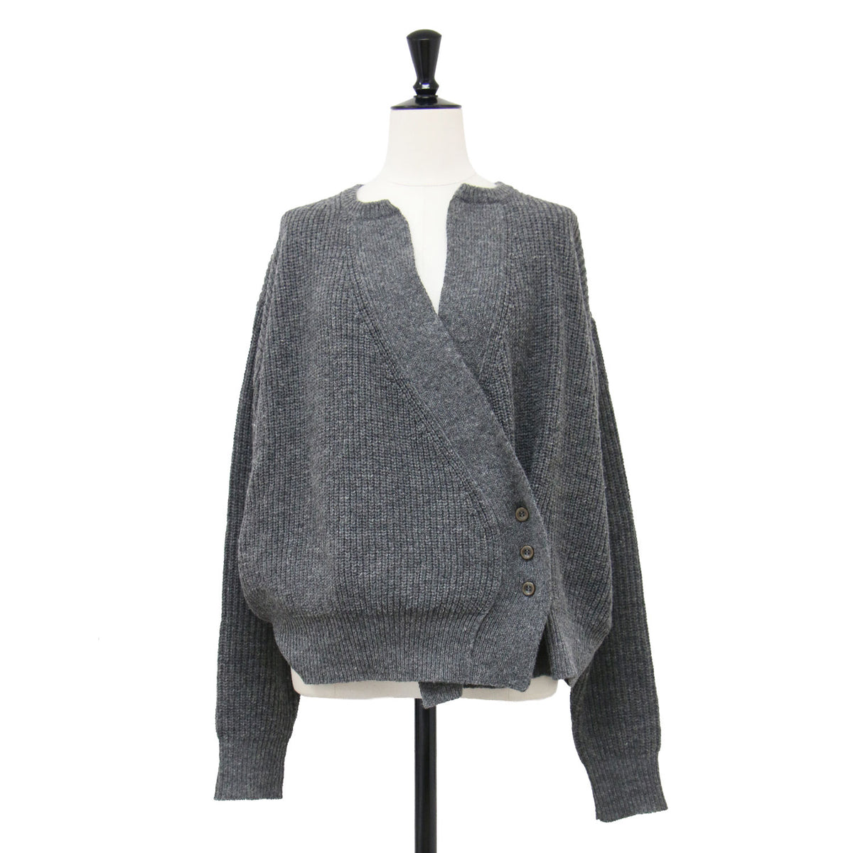 リブ ニット カーディガン / RIB KNIT CARDIGAN キーネック 長袖 カシュクール ウール