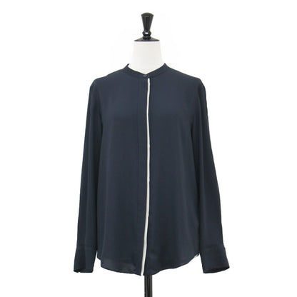 バンドカラーブラウス / BackSatinAmunzen シャツ 長袖 バンドカラー 比翼ボタン バックサテン バイカラー ウォッシャブル