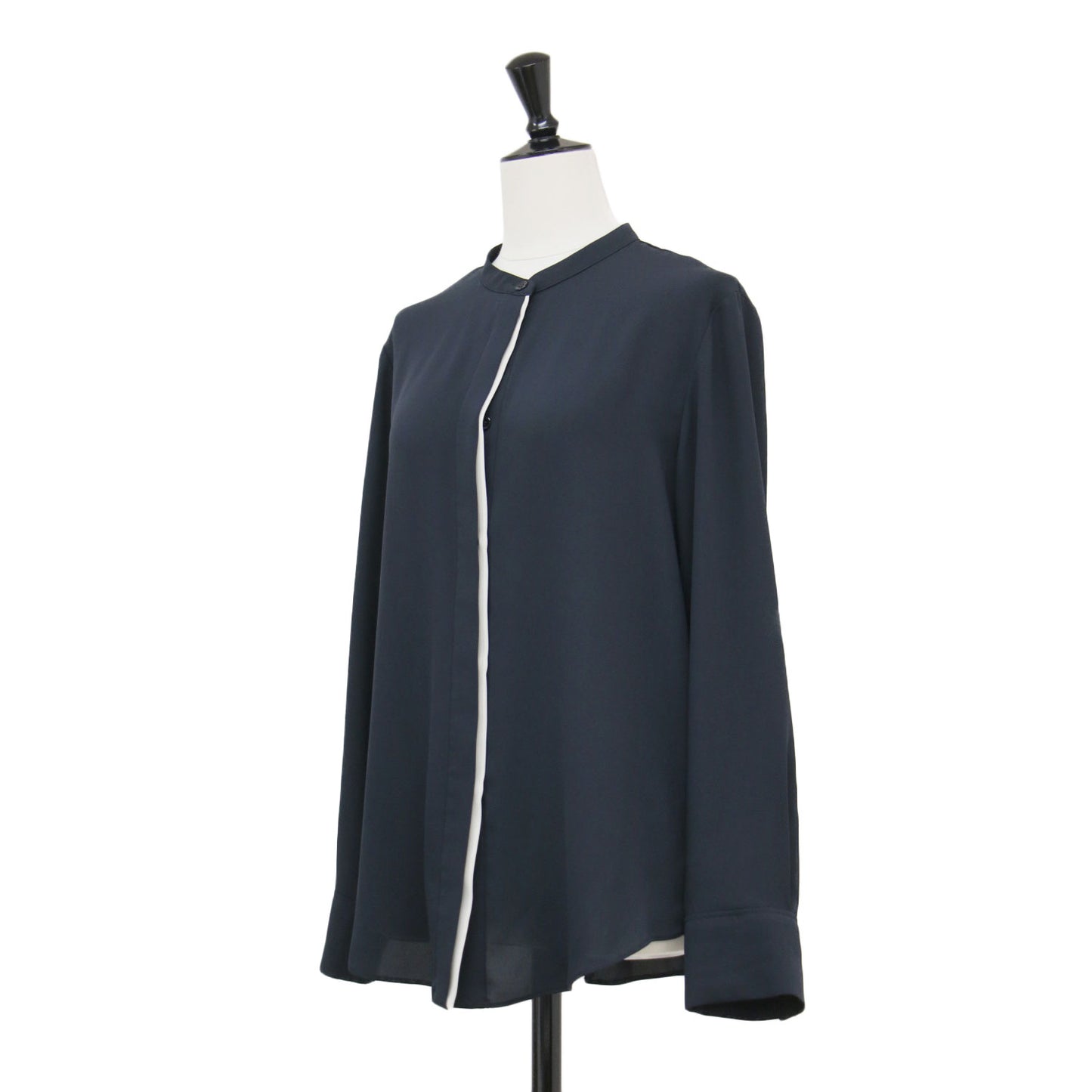 バンドカラーブラウス / BackSatinAmunzen シャツ 長袖 バンドカラー 比翼ボタン バックサテン バイカラー ウォッシャブル