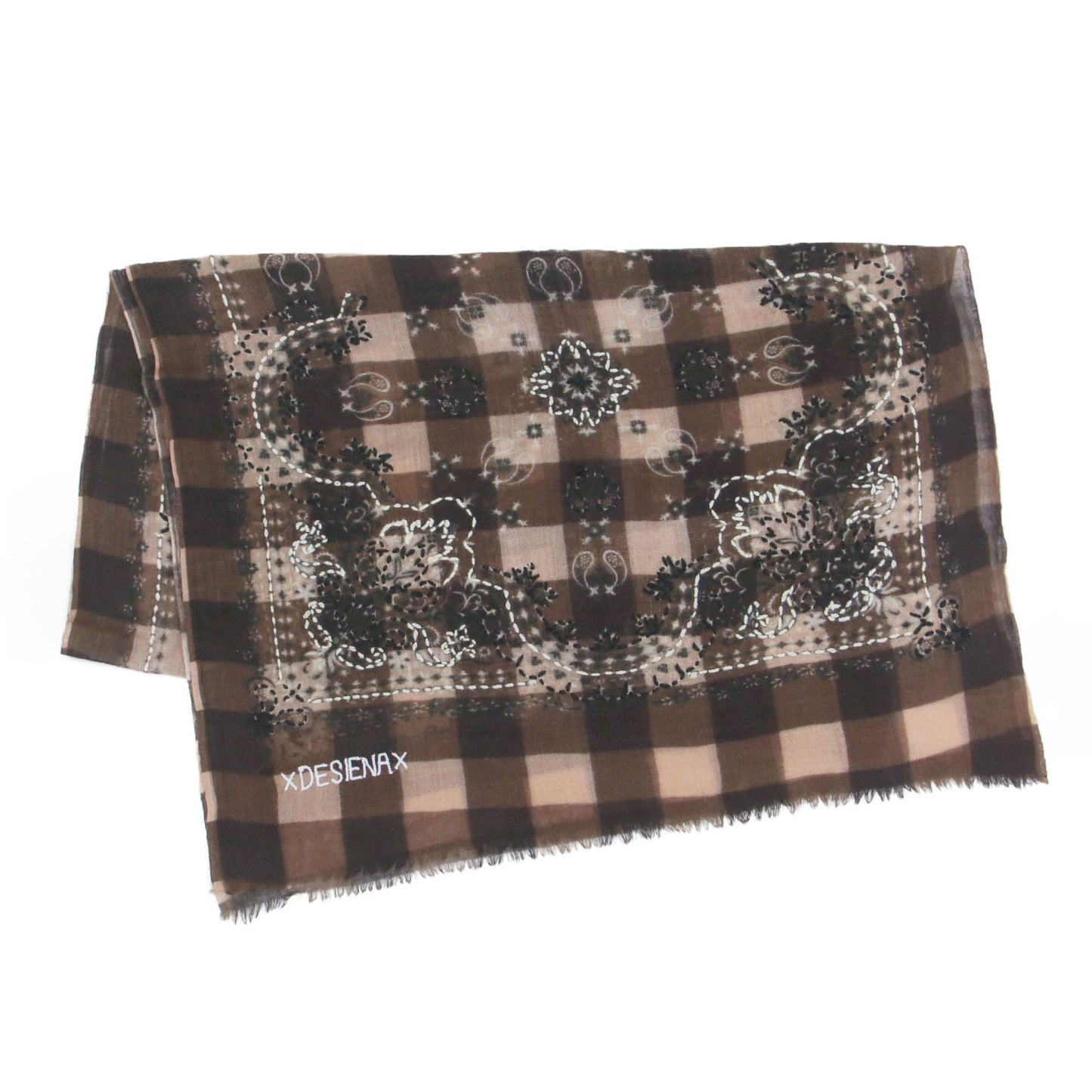 25秋冬 ギンガムチェック ウールストール / GINGHAM WOOL STOLE スカーフ 大判 バンダナ柄 アラベスク模様 フリンジ ロゴ