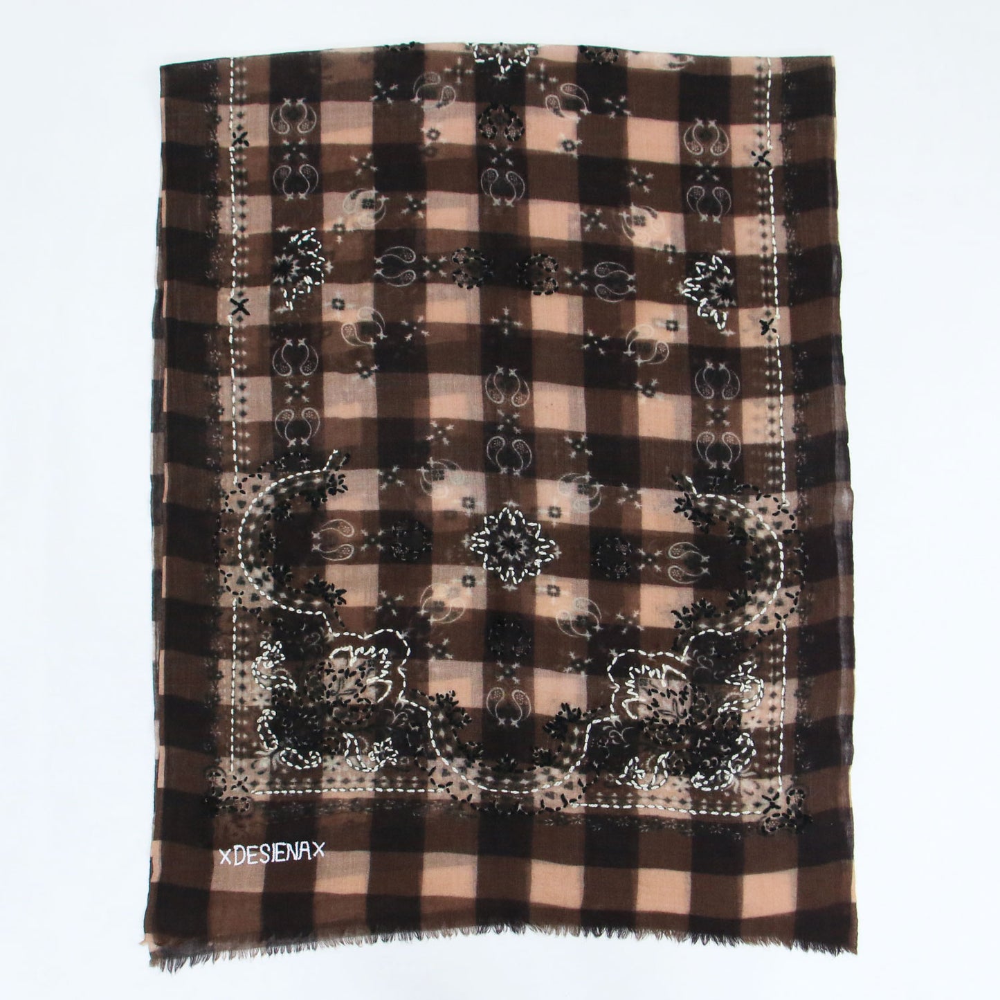 25秋冬 ギンガムチェック ウールストール / GINGHAM WOOL STOLE スカーフ 大判 バンダナ柄 アラベスク模様 フリンジ ロゴ
