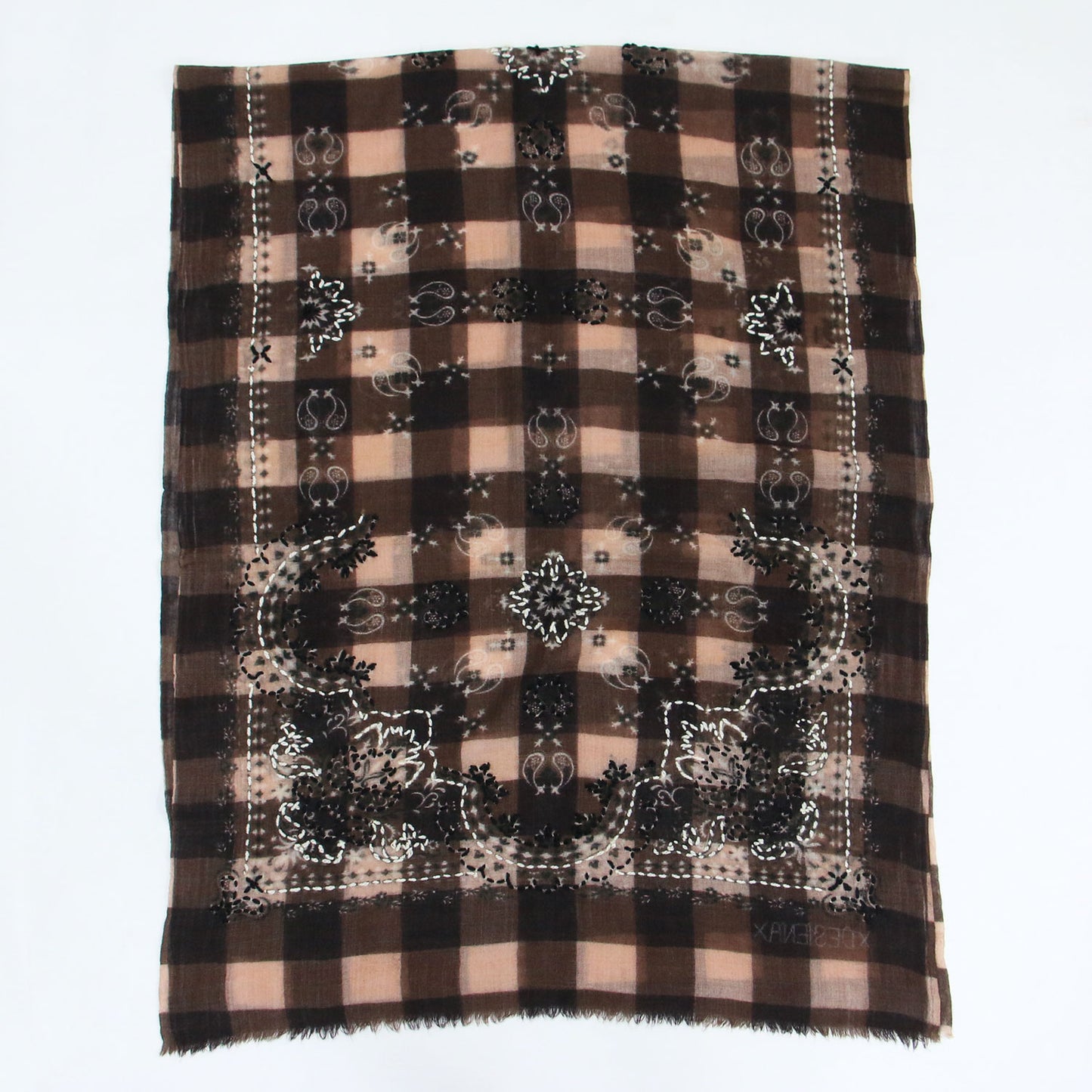 25秋冬 ギンガムチェック ウールストール / GINGHAM WOOL STOLE スカーフ 大判 バンダナ柄 アラベスク模様 フリンジ ロゴ