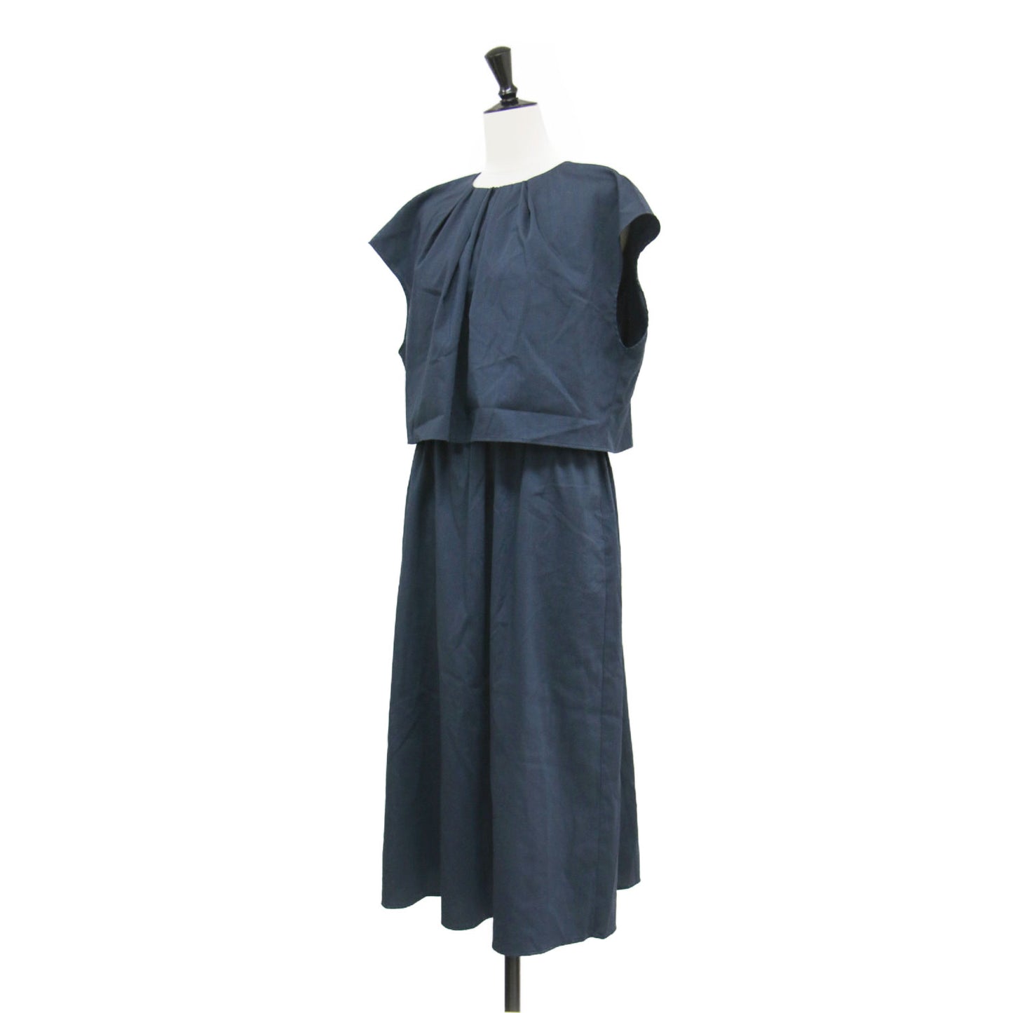 24春夏 ストレッチラミータフタ ワンピース / ドレス ミモレ丈 クルーネック 半袖 タック フレア ウエストゴム バックファスナー リネン ウォッシャブル