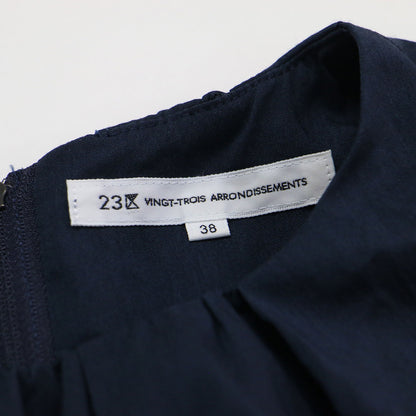 24春夏 ストレッチラミータフタ ワンピース / ドレス ミモレ丈 クルーネック 半袖 タック フレア ウエストゴム バックファスナー リネン ウォッシャブル