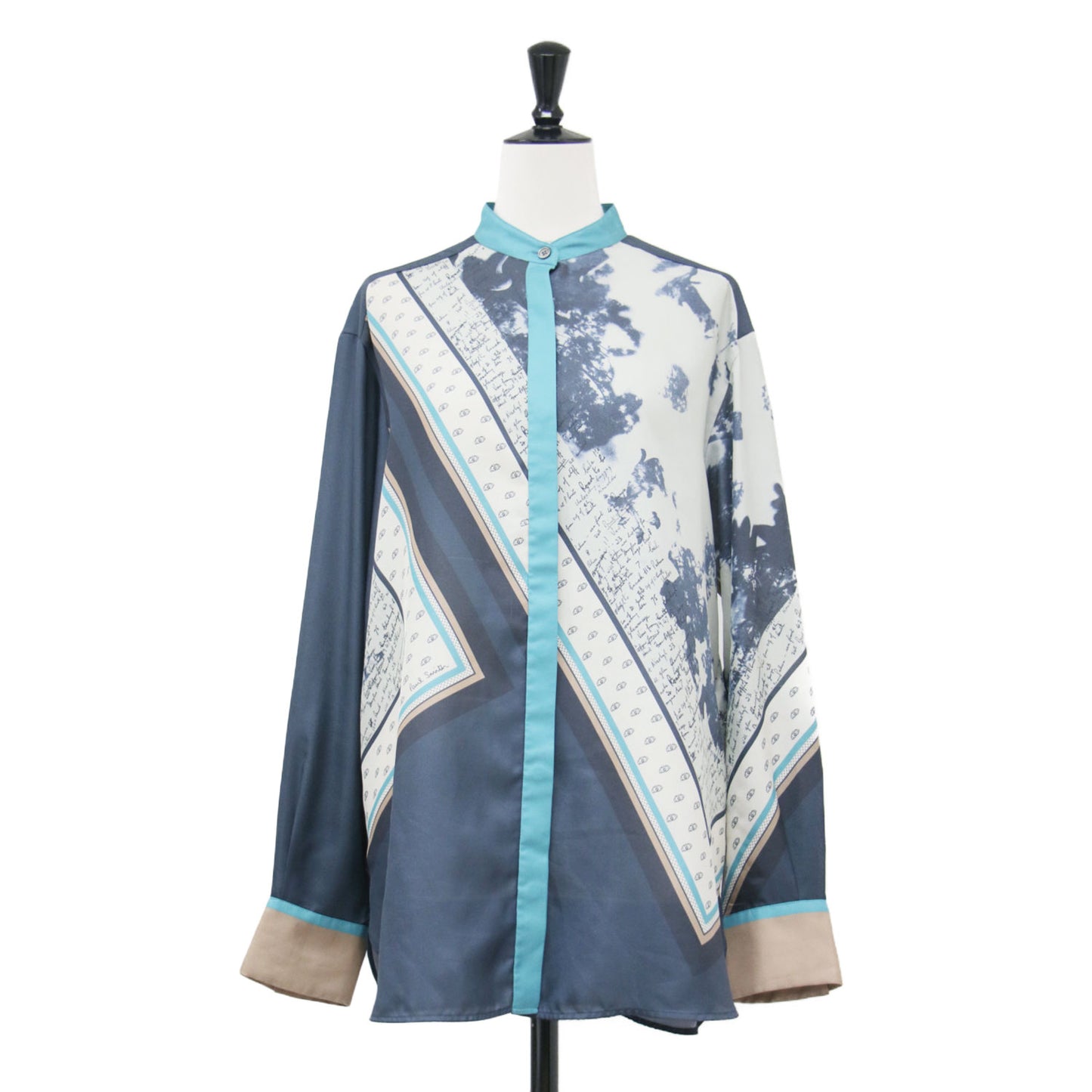 25秋冬 トラベル スカーフ スタンドカラー シャツ / Travel Scarf 長袖 比翼ボタン サテン 総柄 ウォッシャブル