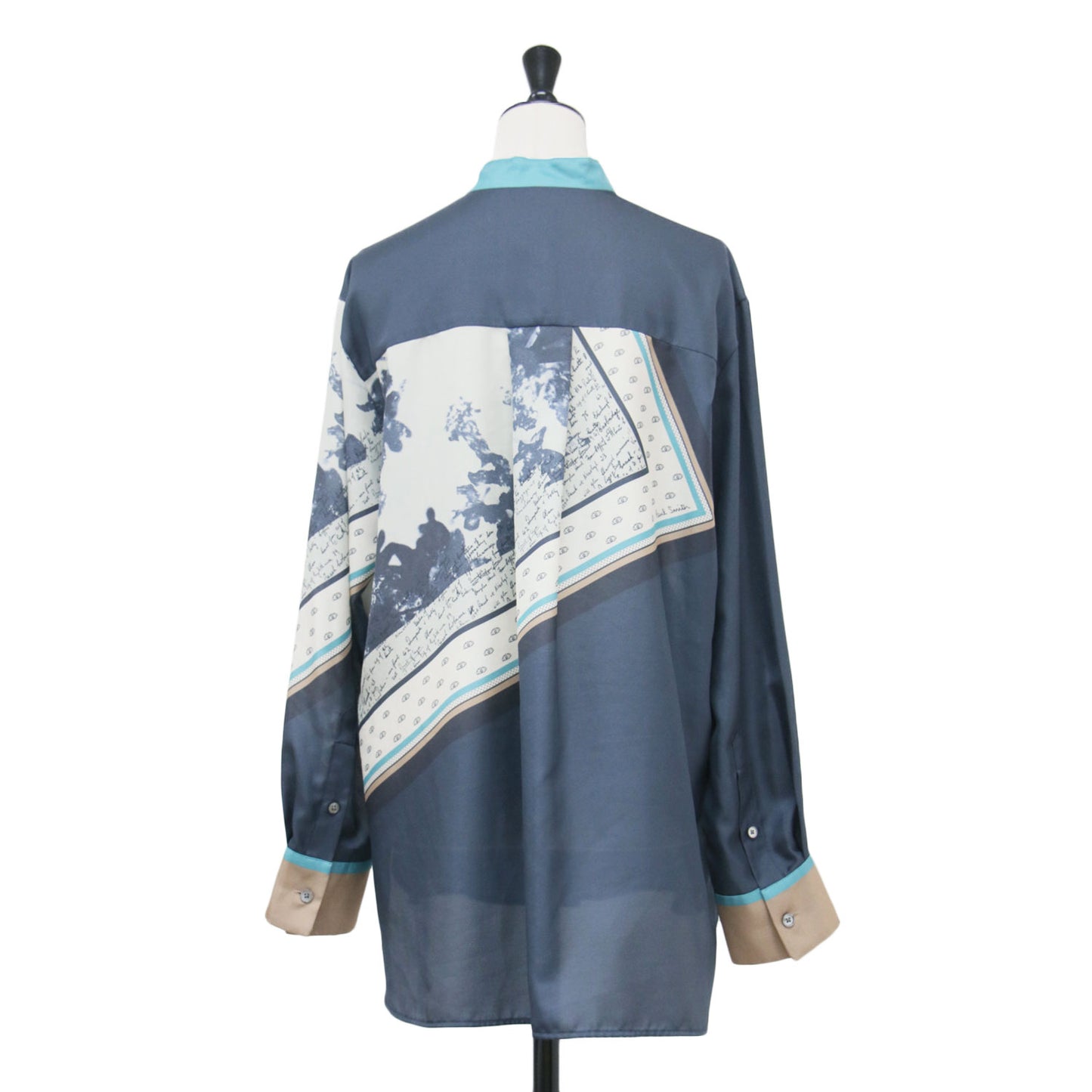 25秋冬 トラベル スカーフ スタンドカラー シャツ / Travel Scarf 長袖 比翼ボタン サテン 総柄 ウォッシャブル