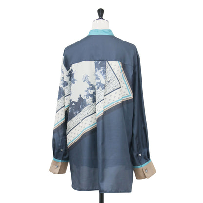 25秋冬 トラベル スカーフ スタンドカラー シャツ / Travel Scarf 長袖 比翼ボタン サテン 総柄 ウォッシャブル