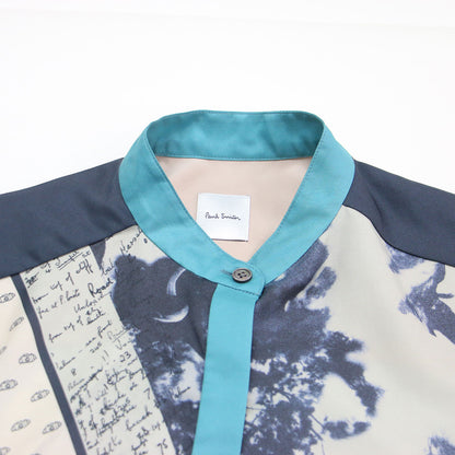 25秋冬 トラベル スカーフ スタンドカラー シャツ / Travel Scarf 長袖 比翼ボタン サテン 総柄 ウォッシャブル