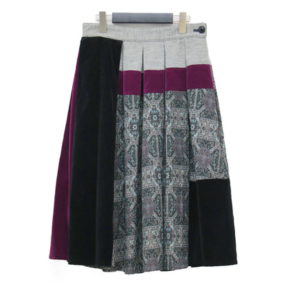 ウール 切替え プリーツスカート / Y's ミディ丈 Aライン フレア ジャガード サイドボタン ベルベット コットン