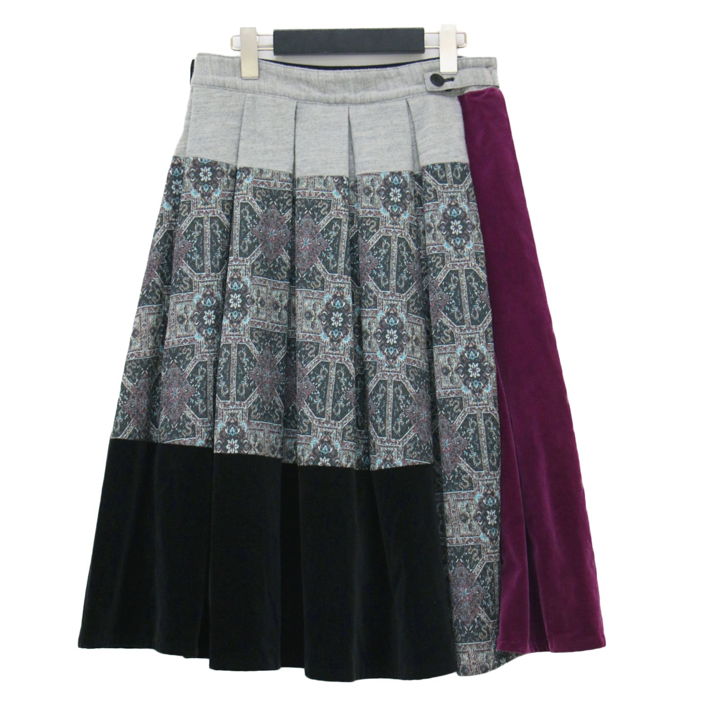 ウール 切替え プリーツスカート / Y's ミディ丈 Aライン フレア ジャガード サイドボタン ベルベット コットン