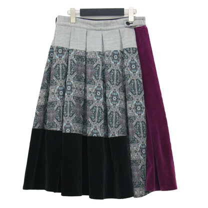 ウール 切替え プリーツスカート / Y's ミディ丈 Aライン フレア ジャガード サイドボタン ベルベット コットン