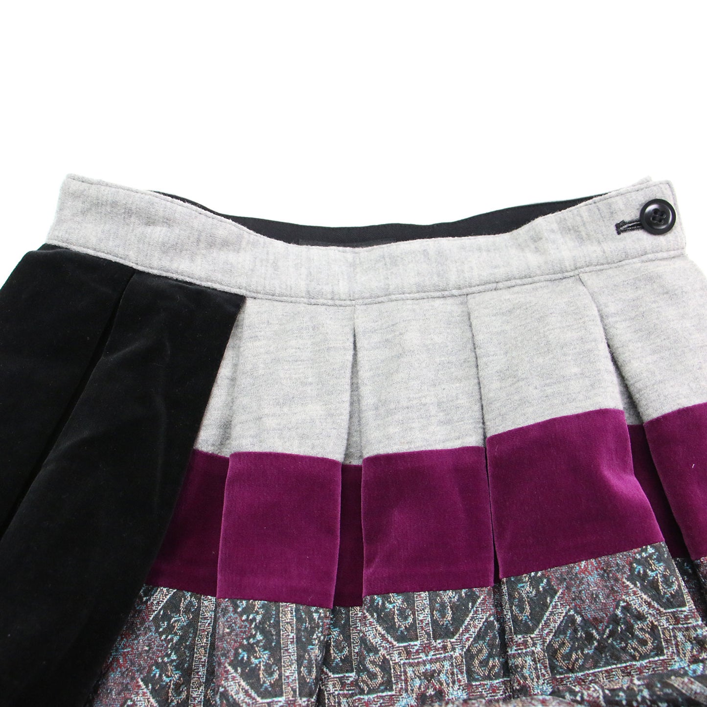 ウール 切替え プリーツスカート / Y's ミディ丈 Aライン フレア ジャガード サイドボタン ベルベット コットン