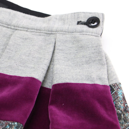 ウール 切替え プリーツスカート / Y's ミディ丈 Aライン フレア ジャガード サイドボタン ベルベット コットン