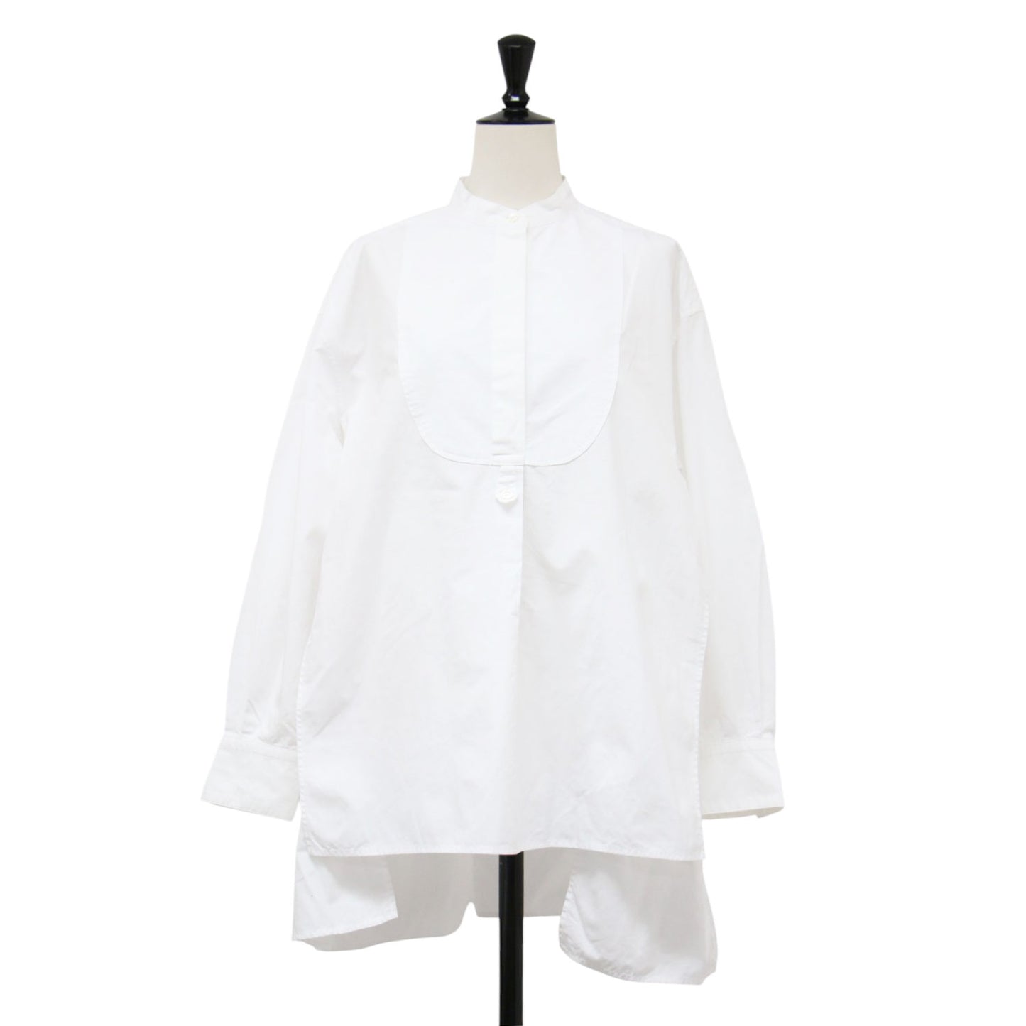 バンドカラー ロングシャツ / プルオーバー Aライン ドロップショルダー 長袖 ビブフロント サイドスリット オーバーサイズ 比翼ボタン コットン