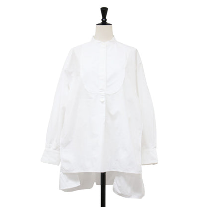 バンドカラー ロングシャツ / プルオーバー Aライン ドロップショルダー 長袖 ビブフロント サイドスリット オーバーサイズ 比翼ボタン コットン