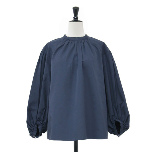 23秋冬 ポリステル コットン タフタ ギャザーブラウス / プルオーバー 長袖 スタンドネック ワイド ラグラン
