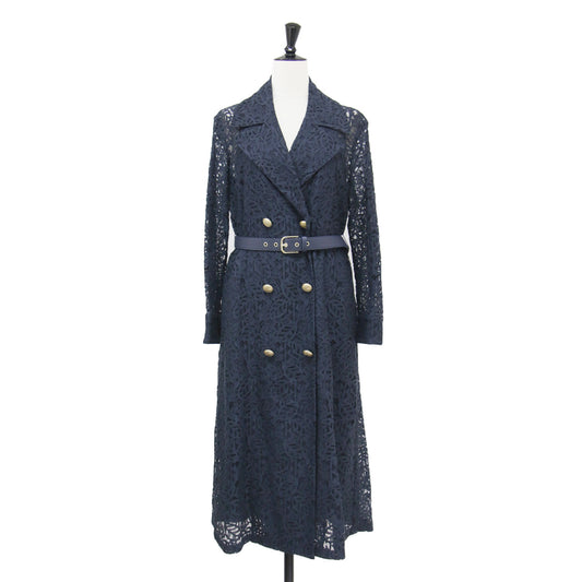 総レース トレンチ風 ワンピース / ドレス 長袖 ミモレ丈 テーラード 金ボタン ベルト フレア コットン