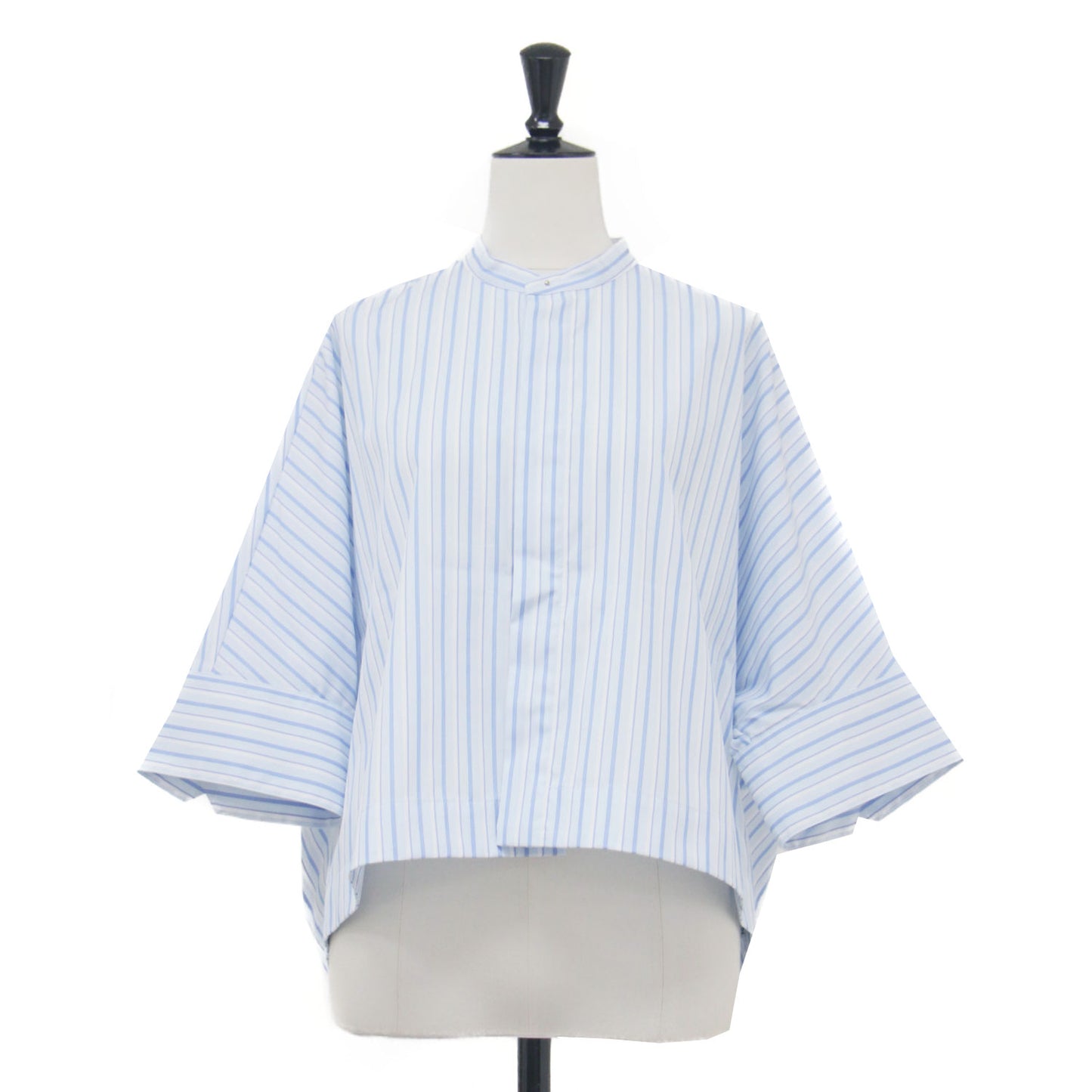 24春夏 コットンブロード クロップドシャツ / 長袖 ショート丈 バンドカラー ボックスシルエット ワイドスリーブ ストライプ
