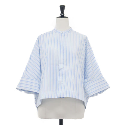 24春夏 コットンブロード クロップドシャツ / 長袖 ショート丈 バンドカラー ボックスシルエット ワイドスリーブ ストライプ