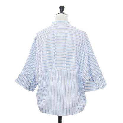 24春夏 コットンブロード クロップドシャツ / 長袖 ショート丈 バンドカラー ボックスシルエット ワイドスリーブ ストライプ