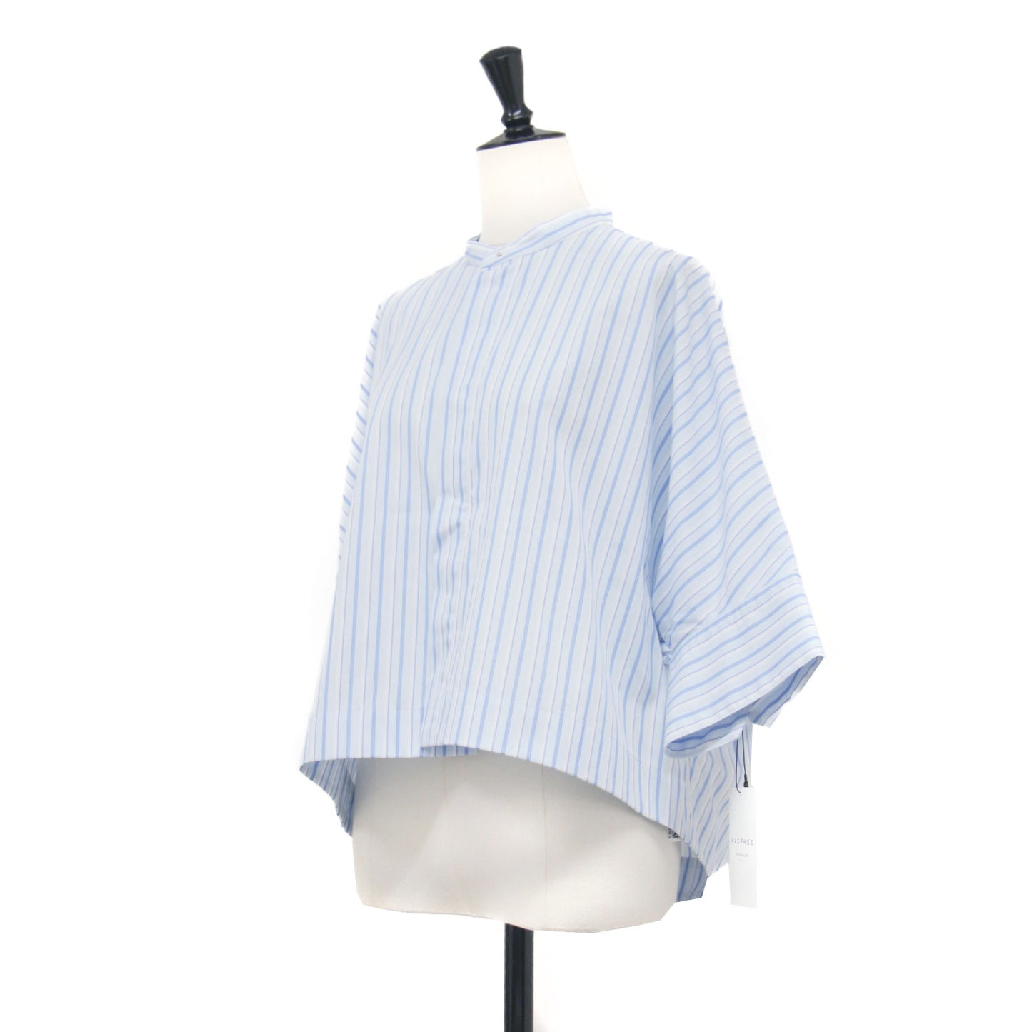 24春夏 コットンブロード クロップドシャツ / 長袖 ショート丈 バンドカラー ボックスシルエット ワイドスリーブ ストライプ