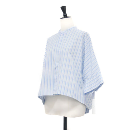 24春夏 コットンブロード クロップドシャツ / 長袖 ショート丈 バンドカラー ボックスシルエット ワイドスリーブ ストライプ