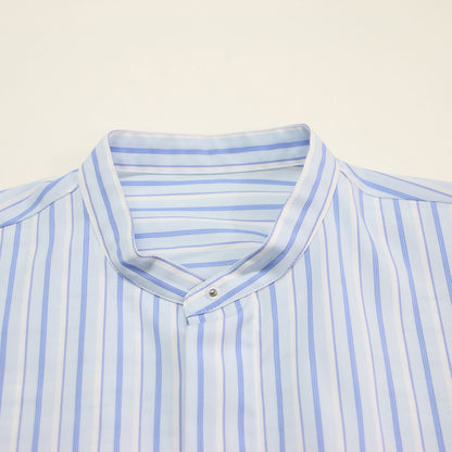 24春夏 コットンブロード クロップドシャツ / 長袖 ショート丈 バンドカラー ボックスシルエット ワイドスリーブ ストライプ