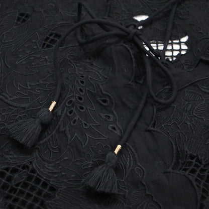 25秋冬 バンダナ エンブロイダリー キャミソール ワンピース / ロング丈 刺繍 フリンジ リボン スカラップ コットン