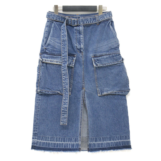 カーゴポケット デニム スカート / ミディ丈 膝下丈 Aライン ベルト付き フラップポケット スリット カットオフ フリンジ アンリブド加工