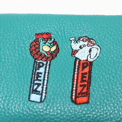 × PEZ コラボ 23秋冬 本革 コンパクト 刺しゅう 折り財布 / ウォレット 二つ折り ZOO柄 ペッツ カウレザー