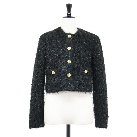 24秋冬 シャギー ツイード カーディガン / ジャケット ニット ショート丈 ノーカラー 長袖 メタルボタン