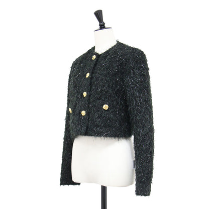 24秋冬 シャギー ツイード カーディガン / ジャケット ニット ショート丈 ノーカラー 長袖 メタルボタン