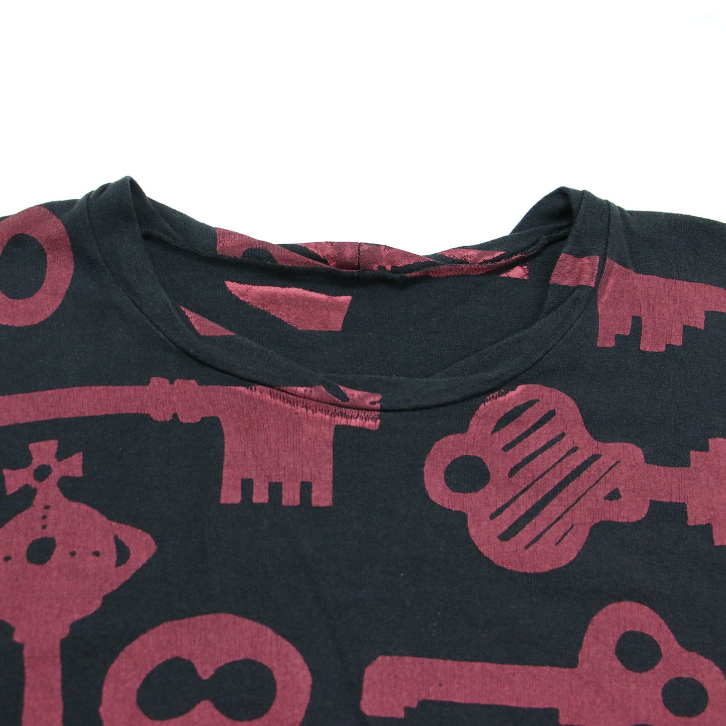 キー プリント 長袖 オーバーサイズ Tシャツ / カットソー チュニック丈 クルーネック 鍵 オーブ柄 コットン