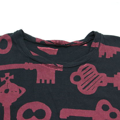 キー プリント 長袖 オーバーサイズ Tシャツ / カットソー チュニック丈 クルーネック 鍵 オーブ柄 コットン