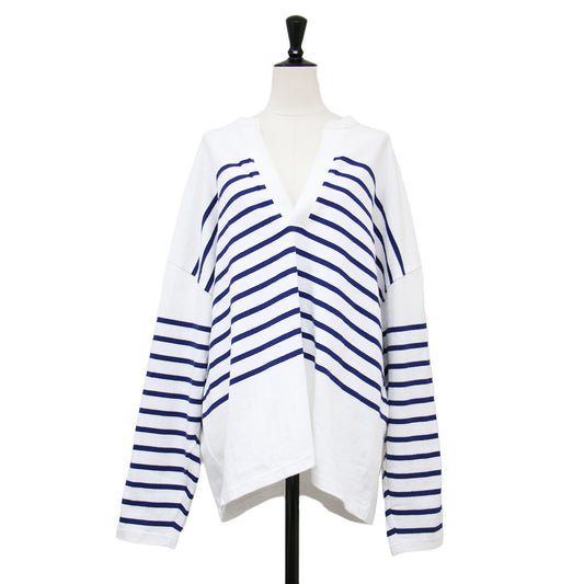 25秋冬 ヘンリーネック ボーダー プルオーバー / WIDE HENRY NECK BORDER TOPS 長袖 ワイド ドロップショルダー コットン