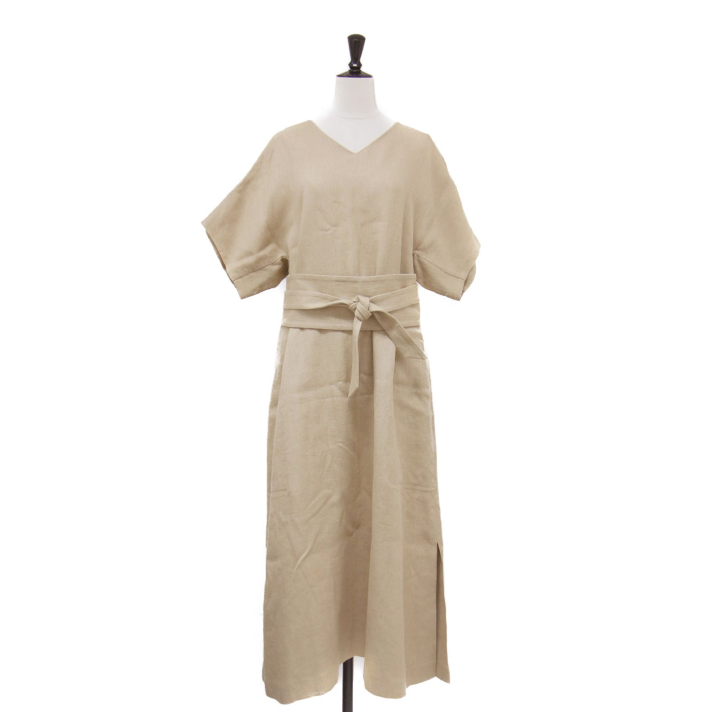サッシュベルト付き ロング リネンワンピース / ドレス フレンチスリーブ Vネック フレア Aライン