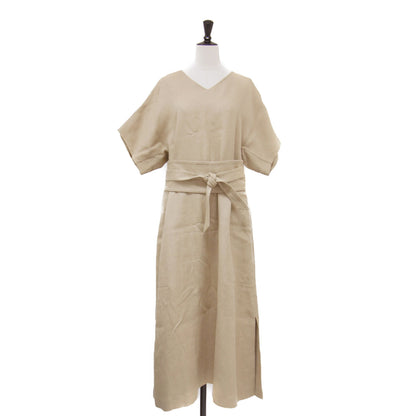 サッシュベルト付き ロング リネンワンピース / ドレス フレンチスリーブ Vネック フレア Aライン