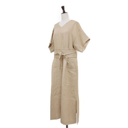 サッシュベルト付き ロング リネンワンピース / ドレス フレンチスリーブ Vネック フレア Aライン