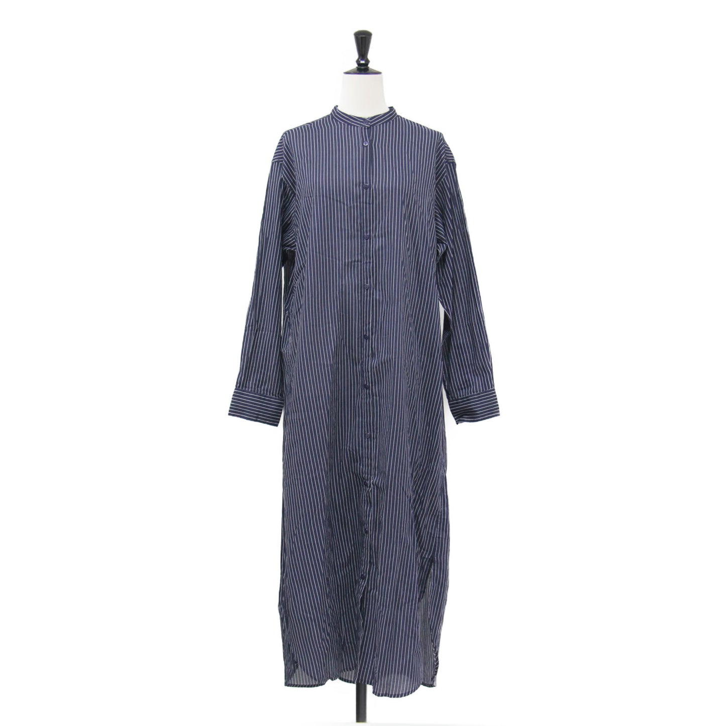 鳥のさえずりのドレス / シャツワンピース 長袖 バンドカラー ストライプ ロング丈 スリット コットン