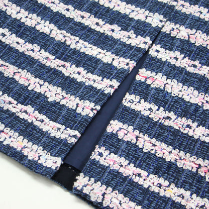 25春夏 フルールボーダー タイトストレートスカート / Iライン ツイード バックファスナー 凹凸 デニム コットン
