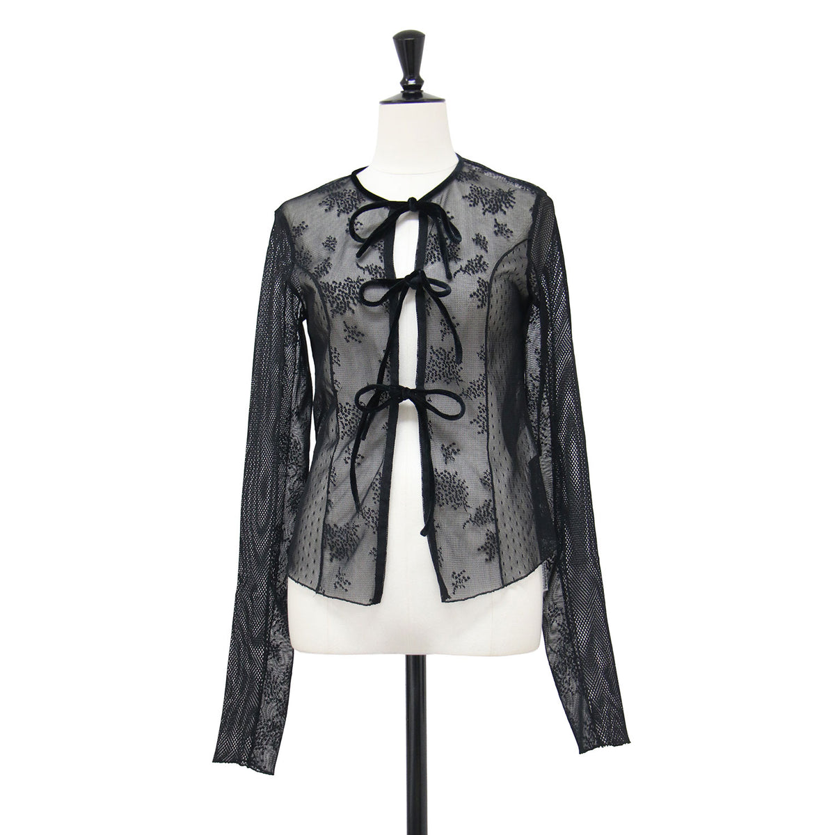 25春夏 チュールレースリボンブラウス / tulle lace ribbon blouse R99-82049 / 羽織り 長袖 コンパクト シアー パッチワーク調 切替え フィンガーホール ベロア