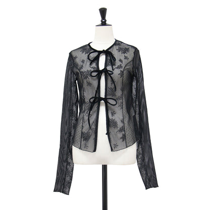 25春夏 チュールレースリボンブラウス / tulle lace ribbon blouse R99-82049 / 羽織り 長袖 コンパクト シアー パッチワーク調 切替え フィンガーホール ベロア