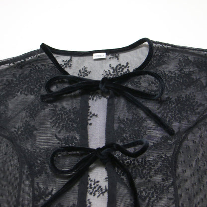 25春夏 チュールレースリボンブラウス / tulle lace ribbon blouse R99-82049 / 羽織り 長袖 コンパクト シアー パッチワーク調 切替え フィンガーホール ベロア
