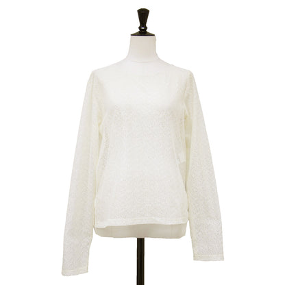 シアー レース アシンメトリー カット トップス / SHEER LACE ASYMMETRY CUT TOPS ラウンドネック 長袖 シースルー メッシュ バックボタン