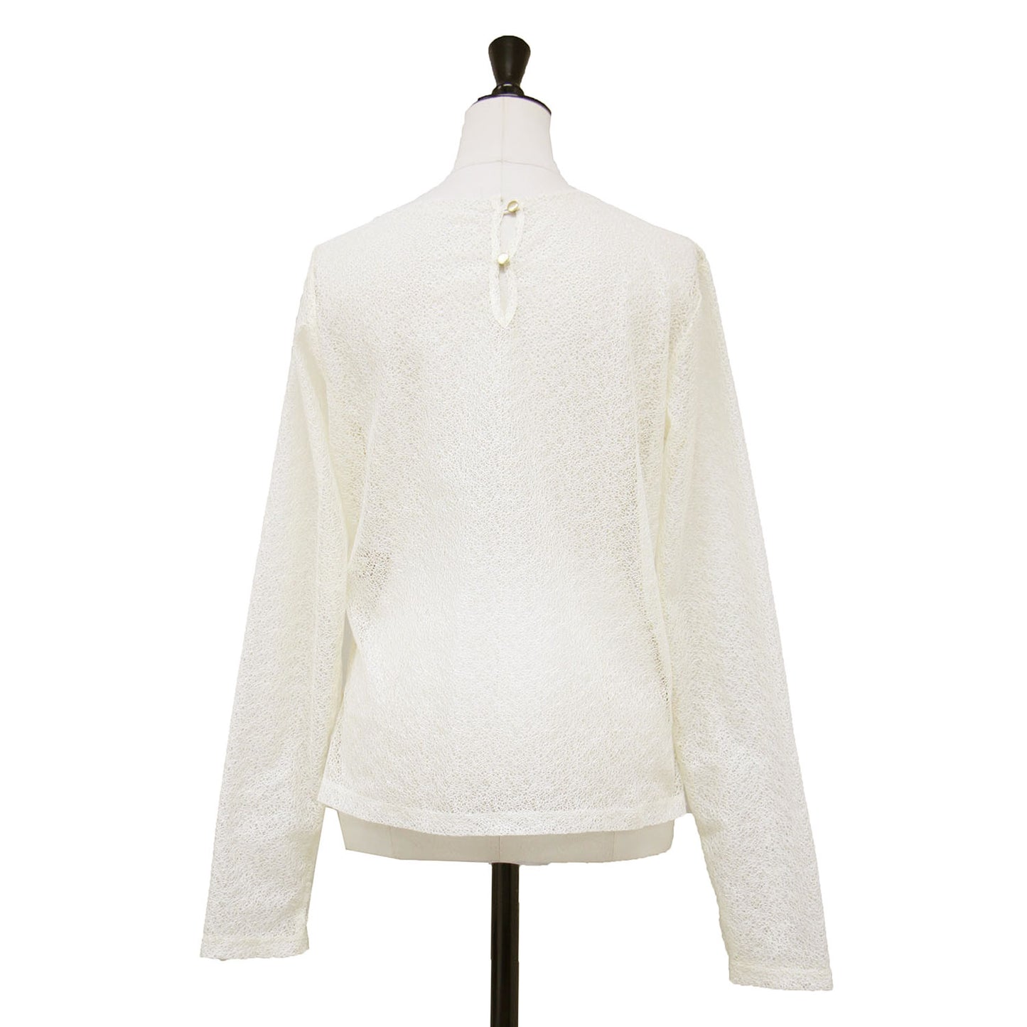 シアー レース アシンメトリー カット トップス / SHEER LACE ASYMMETRY CUT TOPS ラウンドネック 長袖 シースルー メッシュ バックボタン