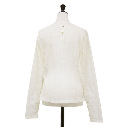 シアー レース アシンメトリー カット トップス / SHEER LACE ASYMMETRY CUT TOPS ラウンドネック 長袖 シースルー メッシュ バックボタン