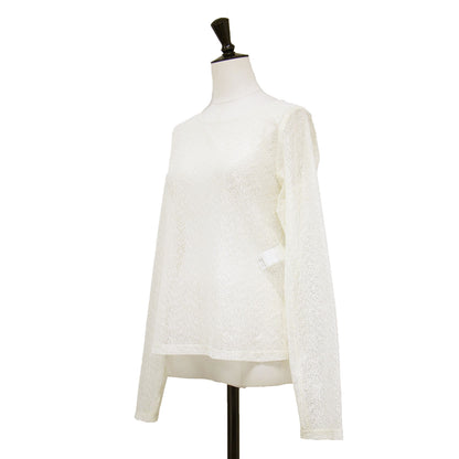 シアー レース アシンメトリー カット トップス / SHEER LACE ASYMMETRY CUT TOPS ラウンドネック 長袖 シースルー メッシュ バックボタン
