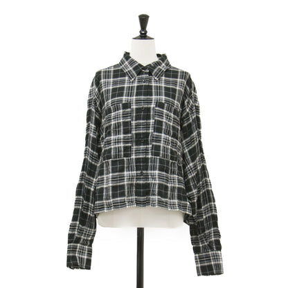 25秋冬 シャーリング チェック ショート シャツ / 長袖 レギュラーカラー コットン