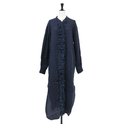 リネン フリンジ ロング シャツ ワンピース / Romy Fringe Long Shirts 長袖 バンドカラー